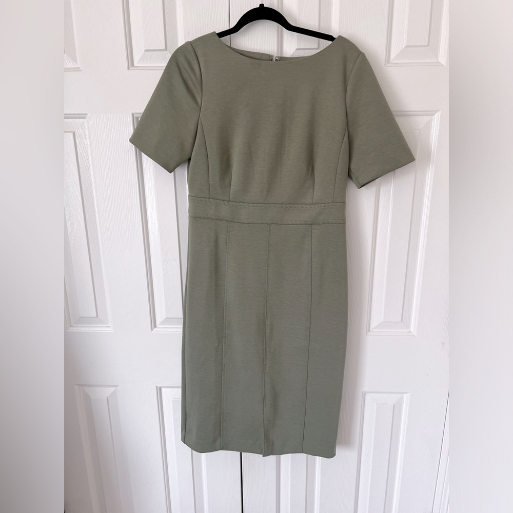 Light olive green Ann Taylor sheath dress in ponte knit.